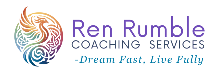 The vibrant logo of Ren Rumble Coaching Services, featuring a stylized phoenix in a spectrum of colors, symbolizing transformation and growth alongside the tagline "Dream Fast, Live Fully".