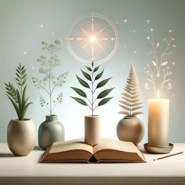 Inspiring image of an open book, flourishing plant, and a glowing candle on Ren Rumble Coaching Services website, symbolizing growth and inner peace.